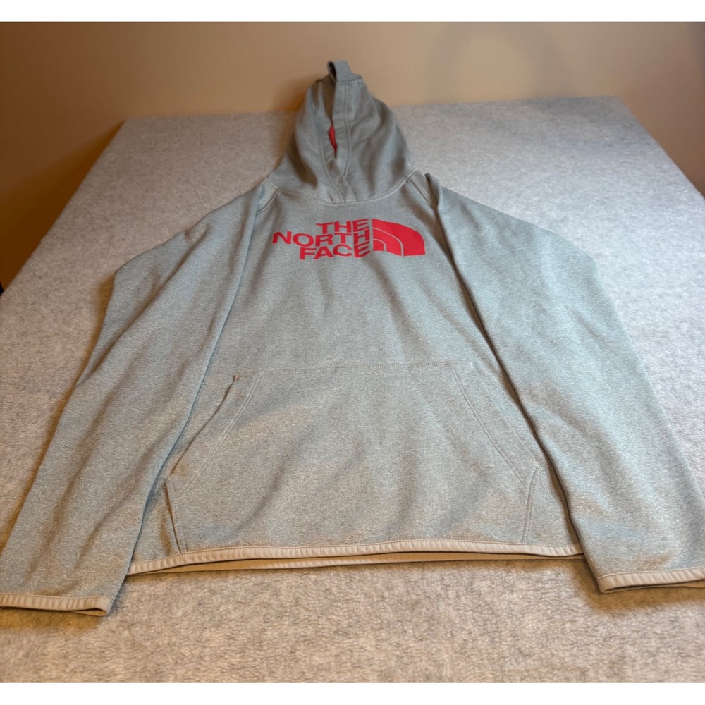 The North Face Womens Gray Red Logo Hoodie Sweatshirt Thumbholes Size Medium